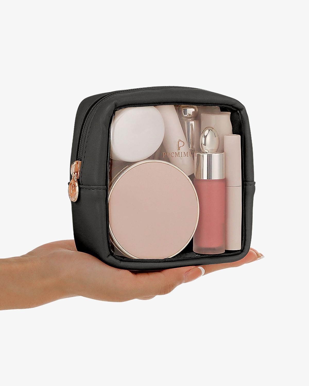 Pocmimut Clear Makeup Bag, Easy to Find Mini Makeup Bag for Purse, Travel Makeup Bag for Car, Compact Cosmetic Pouch for Daily Essentials,Black
