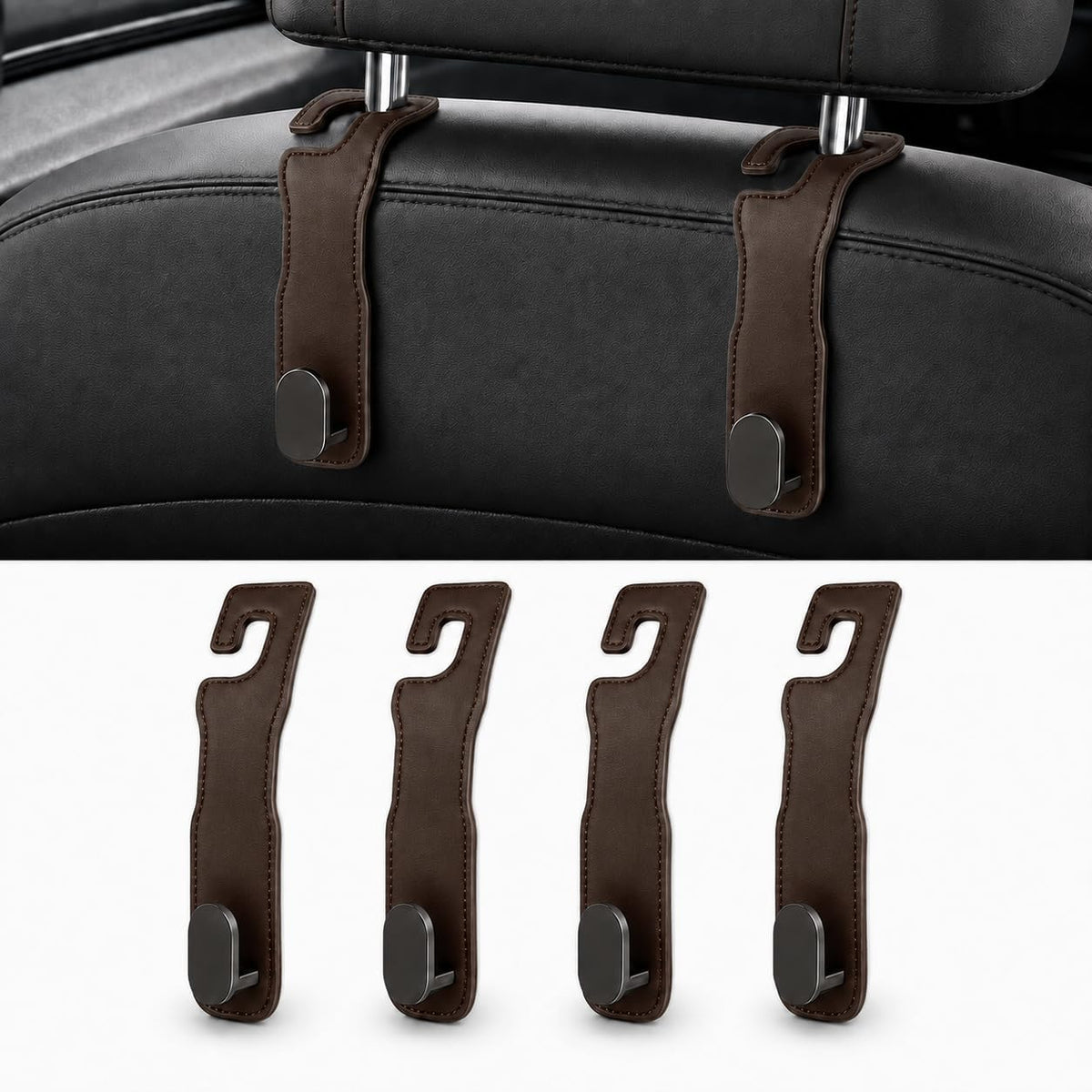 4 Pcs Car Headrest Hooks, Heavy-Duty PU Leather & Stainless Steel Car Seat Organizer for Purses & Bags, Supports Up to 44 lbs