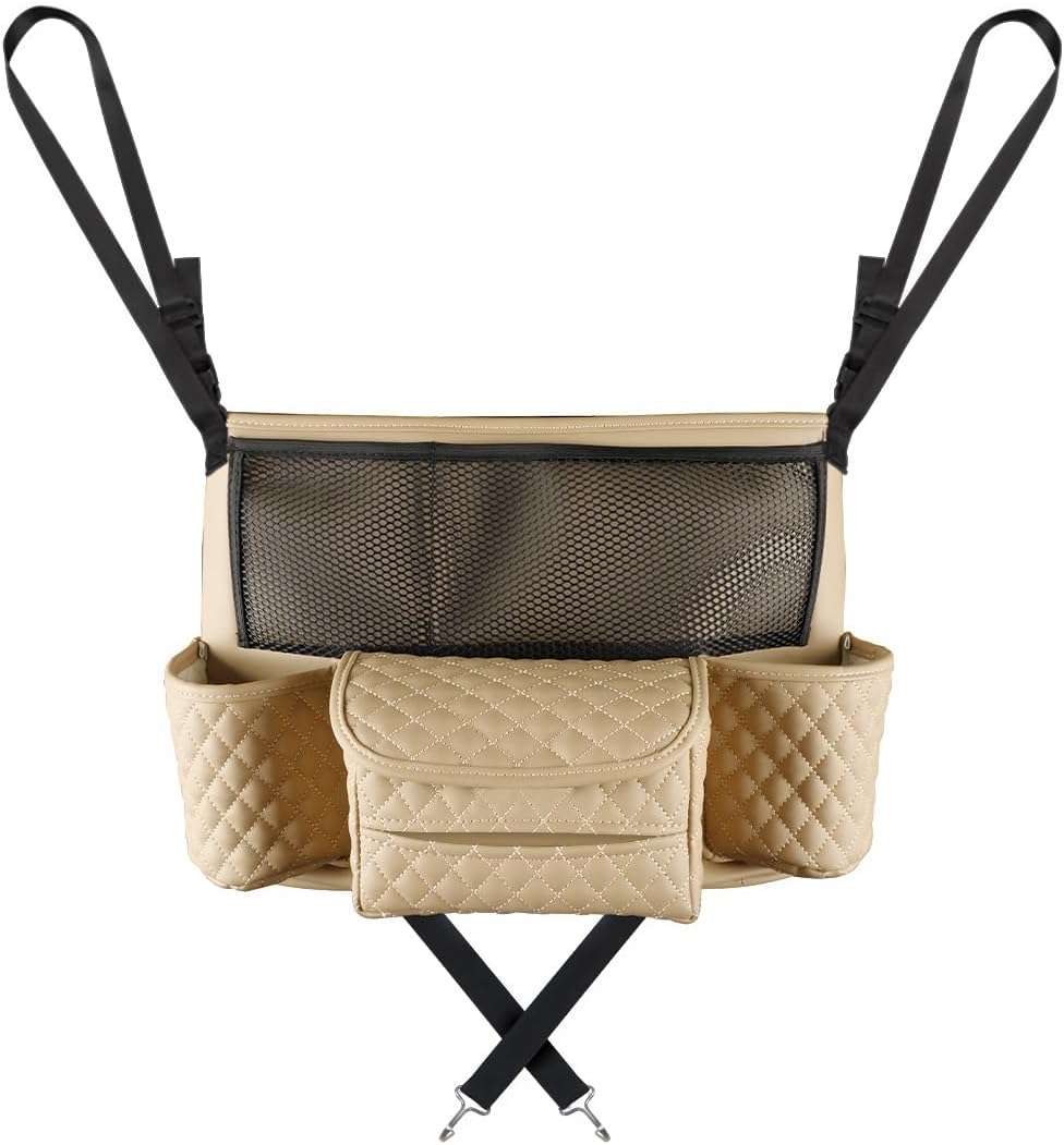 DXNQ Car Purse Holder Between Seats, Luxury Leather Front Seat Back Handbag Organizer with Tissue Box Cup Holders, Auto Large Capacity Multi Pocket Purse Holder Hanging Storage Bag (Beige)