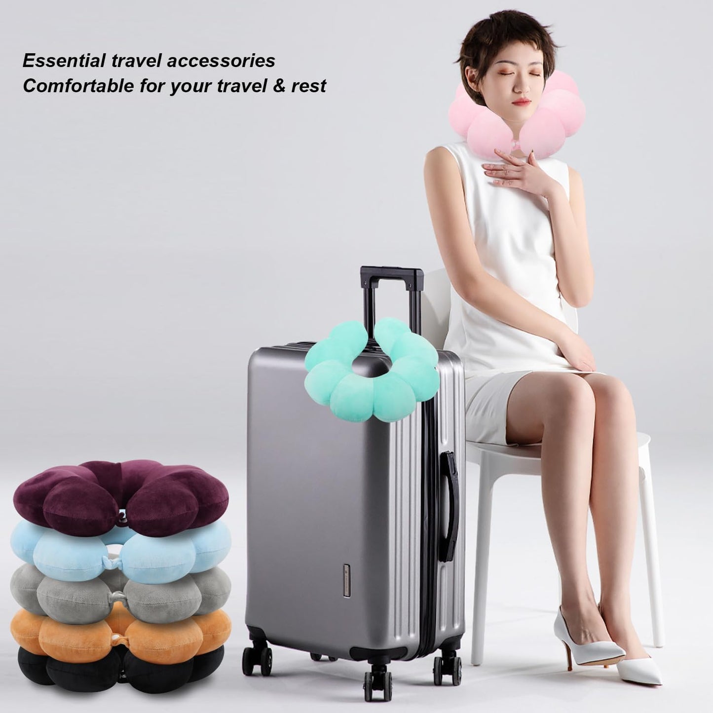 Sexysamba Flower Travel Neck Pillows for Airplanes Breathable Cotton U-Shaped Neck Pillow for Kids & Adults Head Neck Chin Support Rest Pillow for Traveling,Car,Train,Bus,Recline,Home,Office,Black