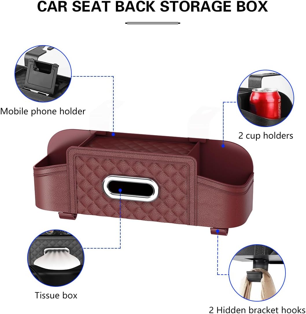 Mandark Headrest-Mounted Backseat Organizer with Cup Holders, Wine Red