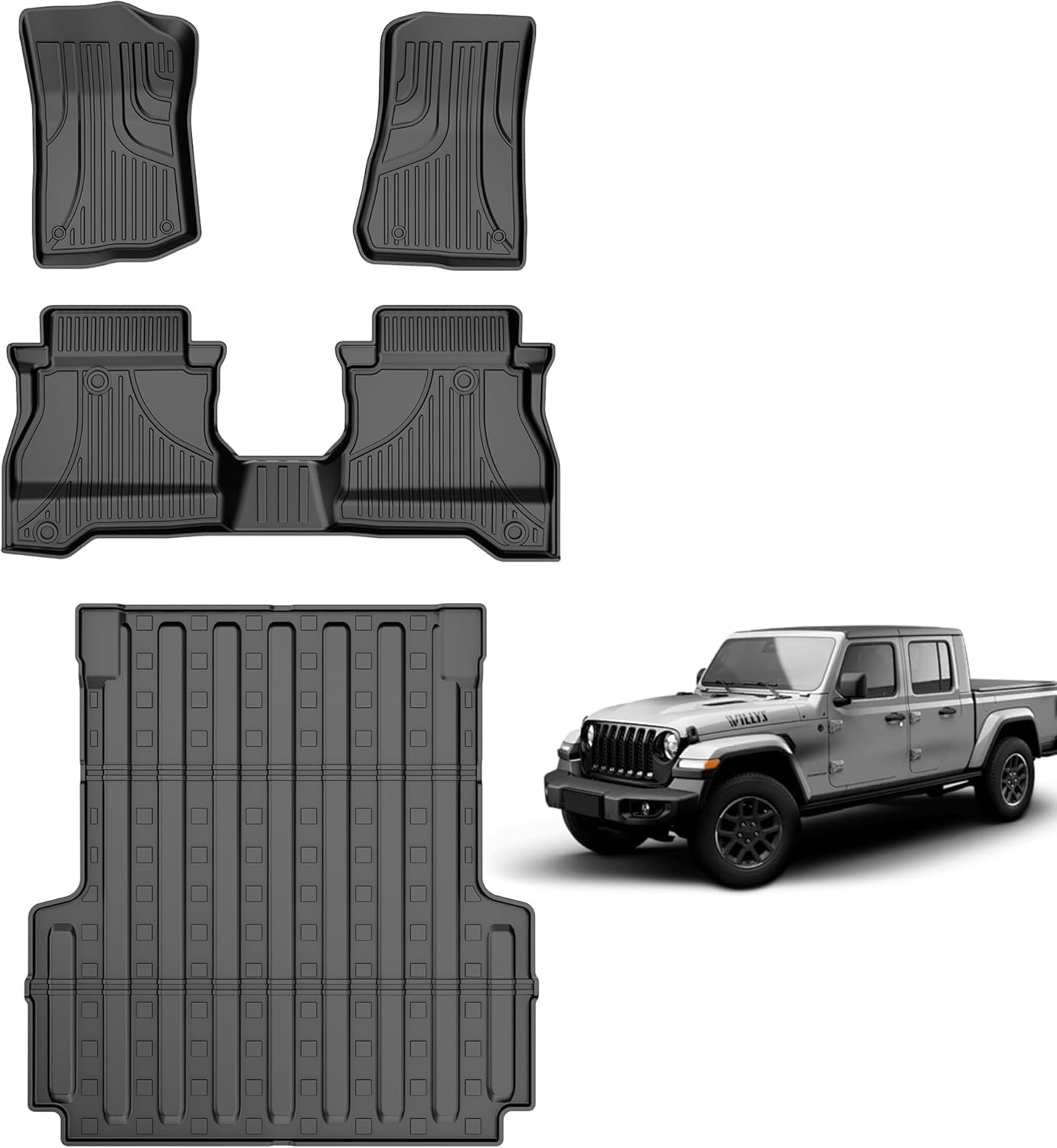 Floor Mat Bed Mat Compatible with 2020-2025 2026 Jeep Gladiator JT Floor Mat Truck Bed Liner TPE Bed Liner Replacement for 2023 2024 2025 Jeep Gladiator JT Accessories (Truck Bed Mat+Floor Mats)