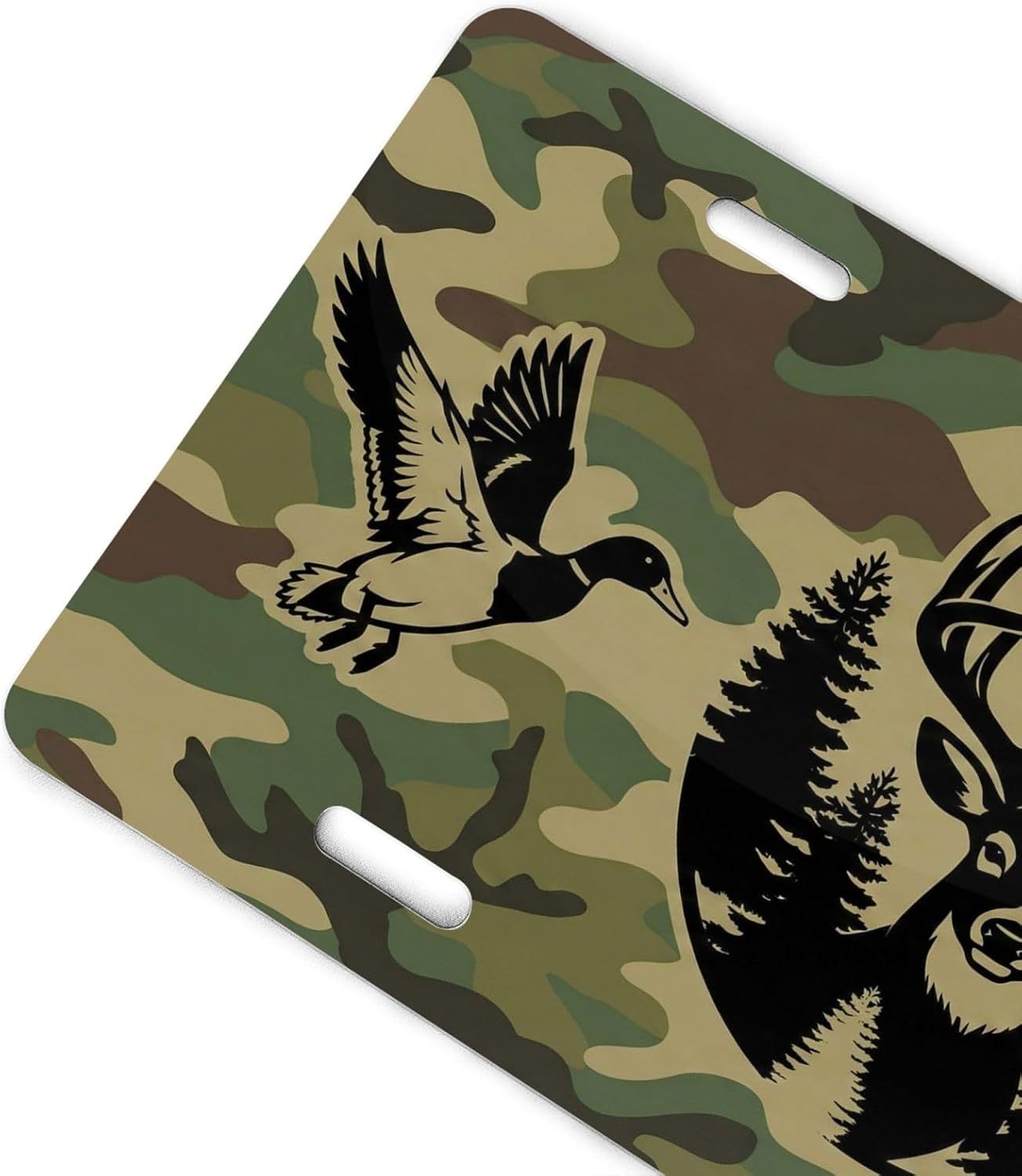 Camo Wildlife Deer Duck Bass Aluminum License Plate 6x12 | Camo Wildlife Decor, Standard 6x12 In, UV Printed Aluminum, 4 Pre-drilled Holes, Outdoor Front Plate, Not for DMV Use.