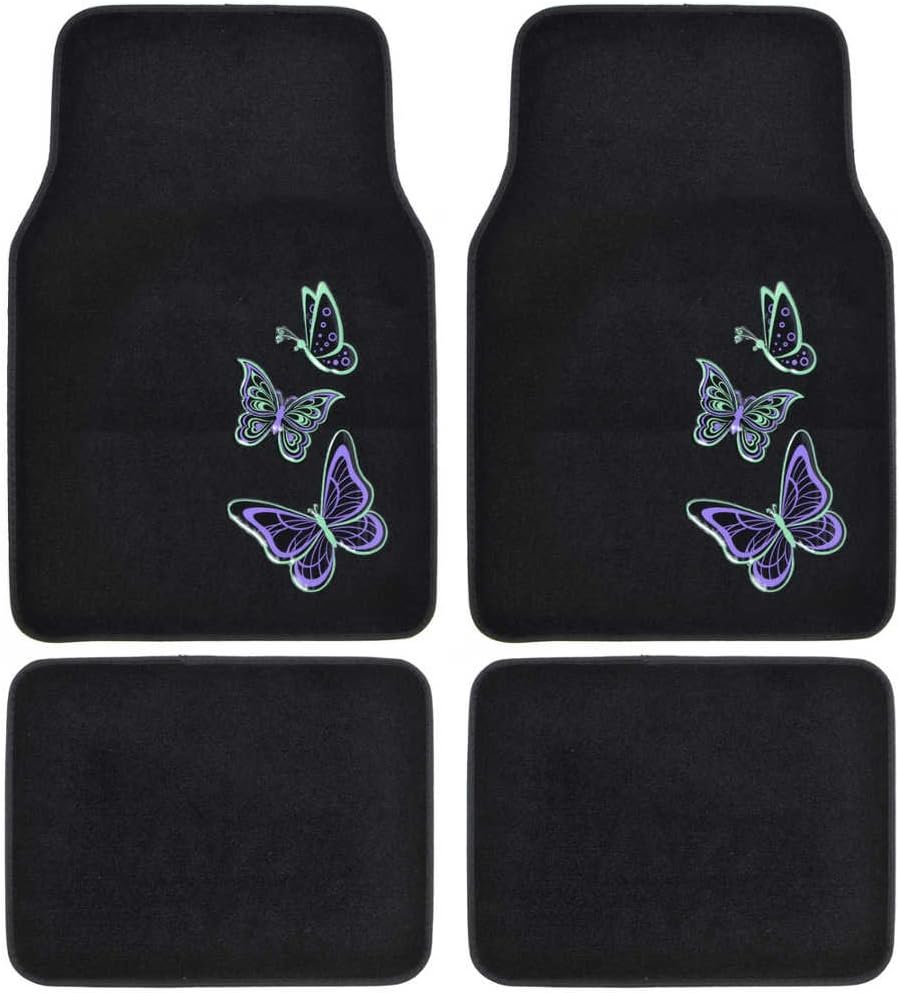 BDK Embossed Neon Purple & Green Butterflies Design Carpet Car Floor Mats for Auto Van Truck SUV-4 Pieces Front & Rear Full Set with Rubber Backing-Universal Fit