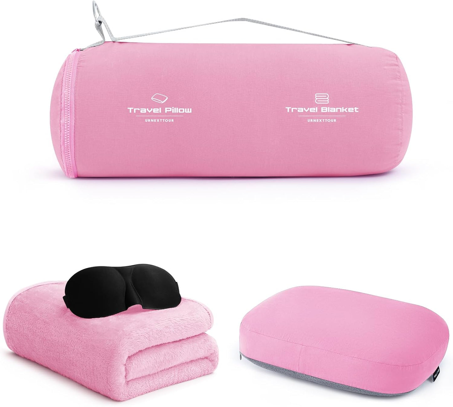 urnexttour 4-in-1 Travel Pillow & Blanket Set with Eye Mask, Memory Foam Neck Support, 50x65 Inch Blanket, Storage Bag for Airplane, Car, Train, Home Travel Pink