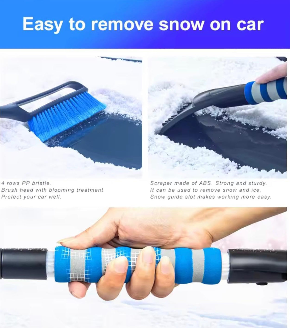 Extendable Snow Brush and Ice Scraper with Waterproof Gloves, 30.4-37.4 Inch Adjustable Length, Detachable Winter Car Cleaning Kit, Blue and Black