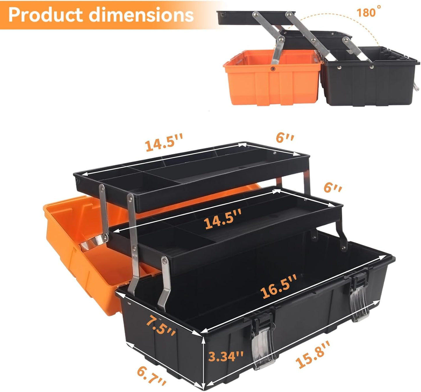 WEWLINE 16.5-Inch Tool Box Organizer 3-Layer Multiplication Plastic Storage Toolbox with Portable Handle Perfect for Home Office Car Trunk Fishing