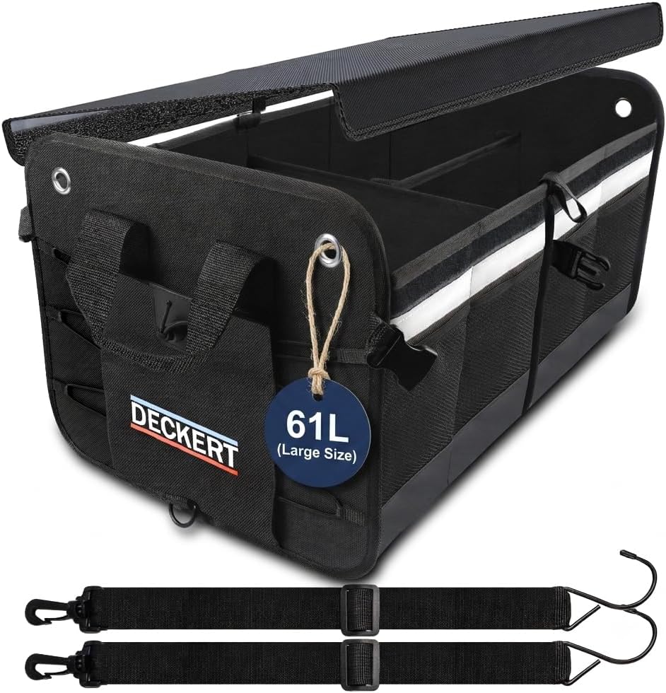 Deckert Large Size 61L Car SUV Trunk Organizer, 600D Oxford Polyester, Collapsible, Multi compartments, Securing straps, Suitable for any car type, Black with Reflective Stripes