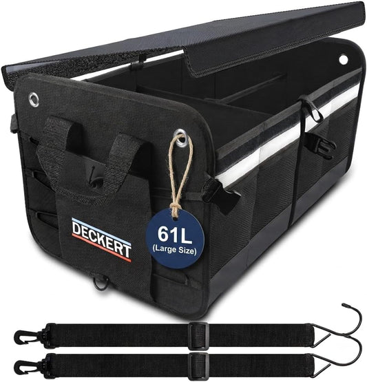 Deckert Large Size 61L Car SUV Trunk Organizer, 600D Oxford Polyester, Collapsible, Multi compartments, Securing straps, Suitable for any car type, Black with Reflective Stripes