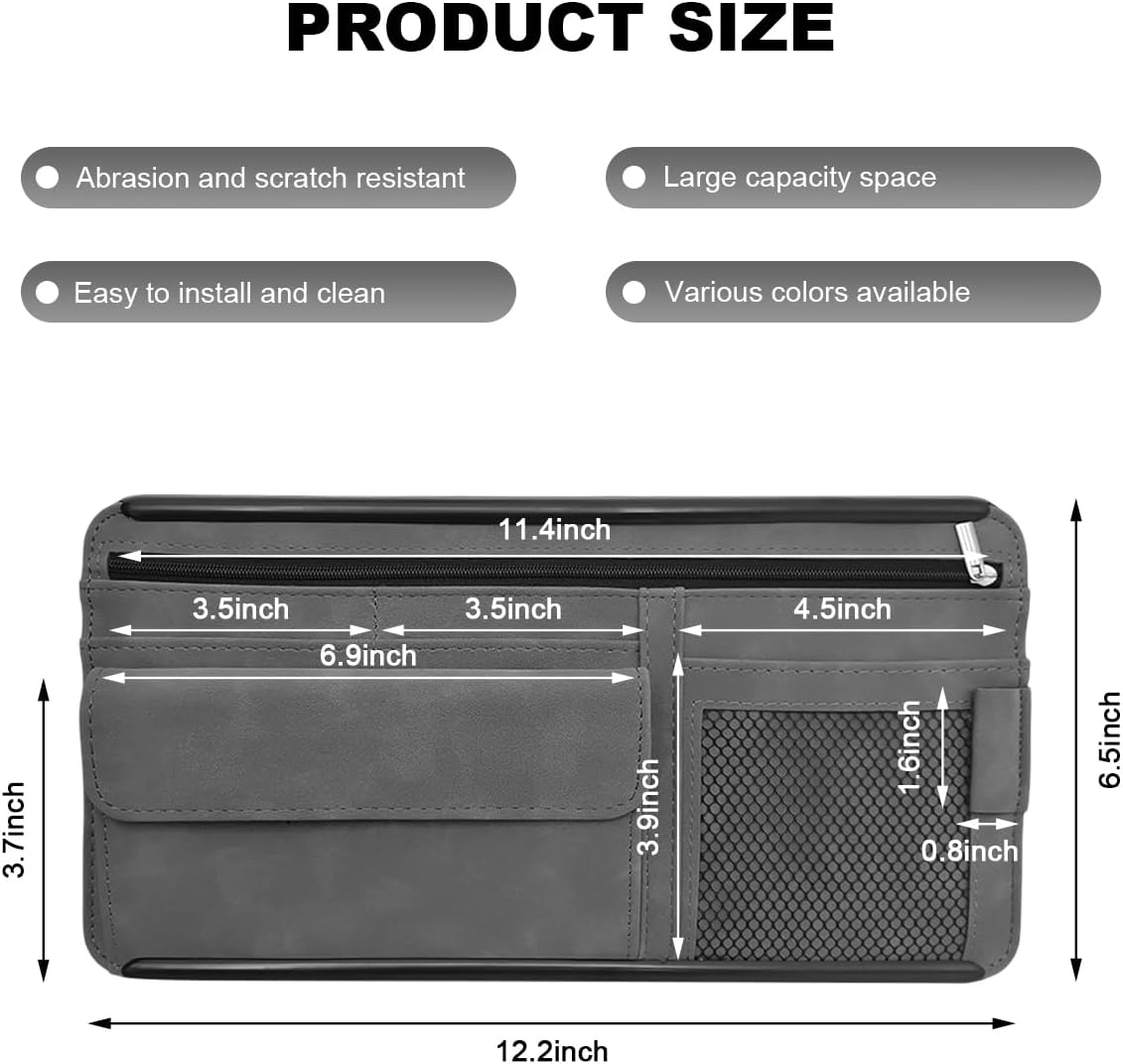 Car Sun Visor Organizer, Leather Sun Visor Pocket Organizer Case with Multi-Pocket Net Zipper, Suede Note Holder Car Visor Storage Pouch for Card Pen Sunglasses Document (Gray)