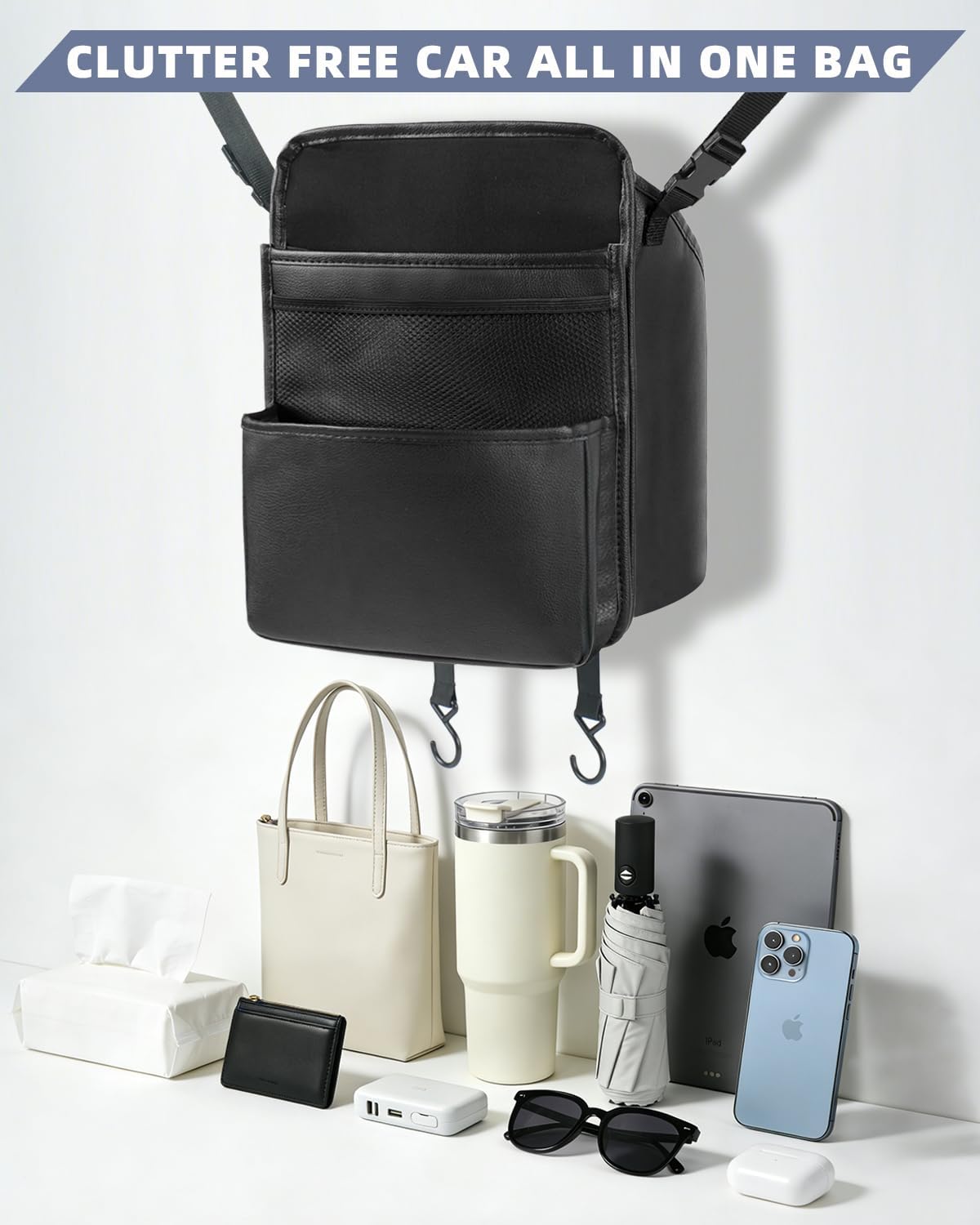 Leather Car Purse Holder Between Seats with Expandable Pocket