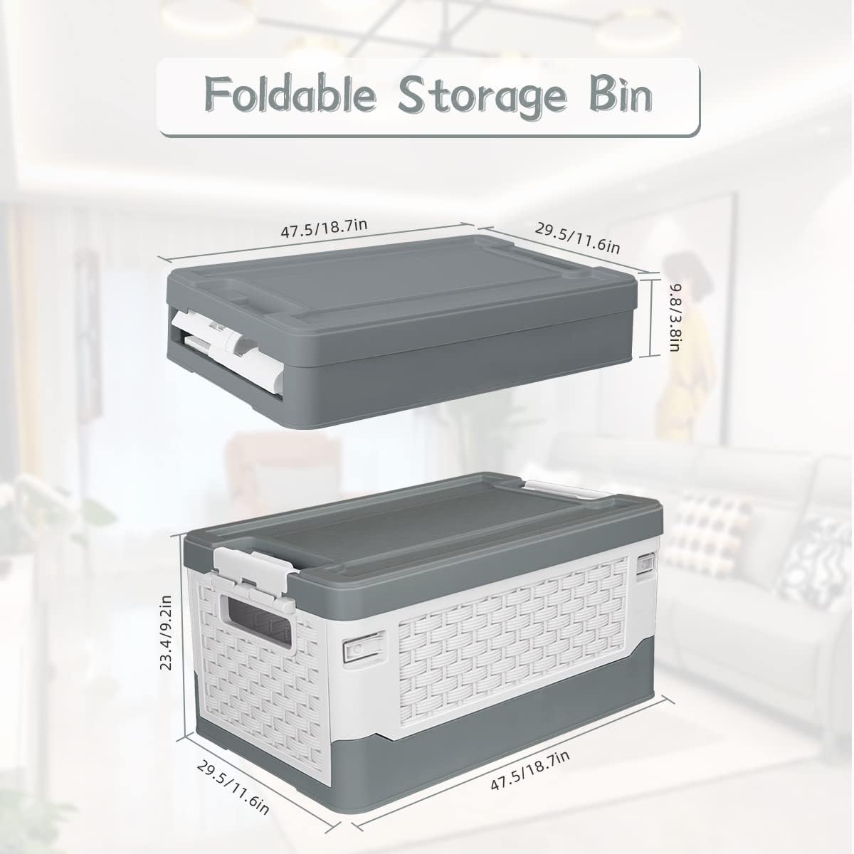 TOPCJ Foldable Storage Bins with Lids,Closet Organizer,Stackable Plastic Storage Containers with Secure Latching Buckles,Perfect Organization for Home,home Office(Grey)