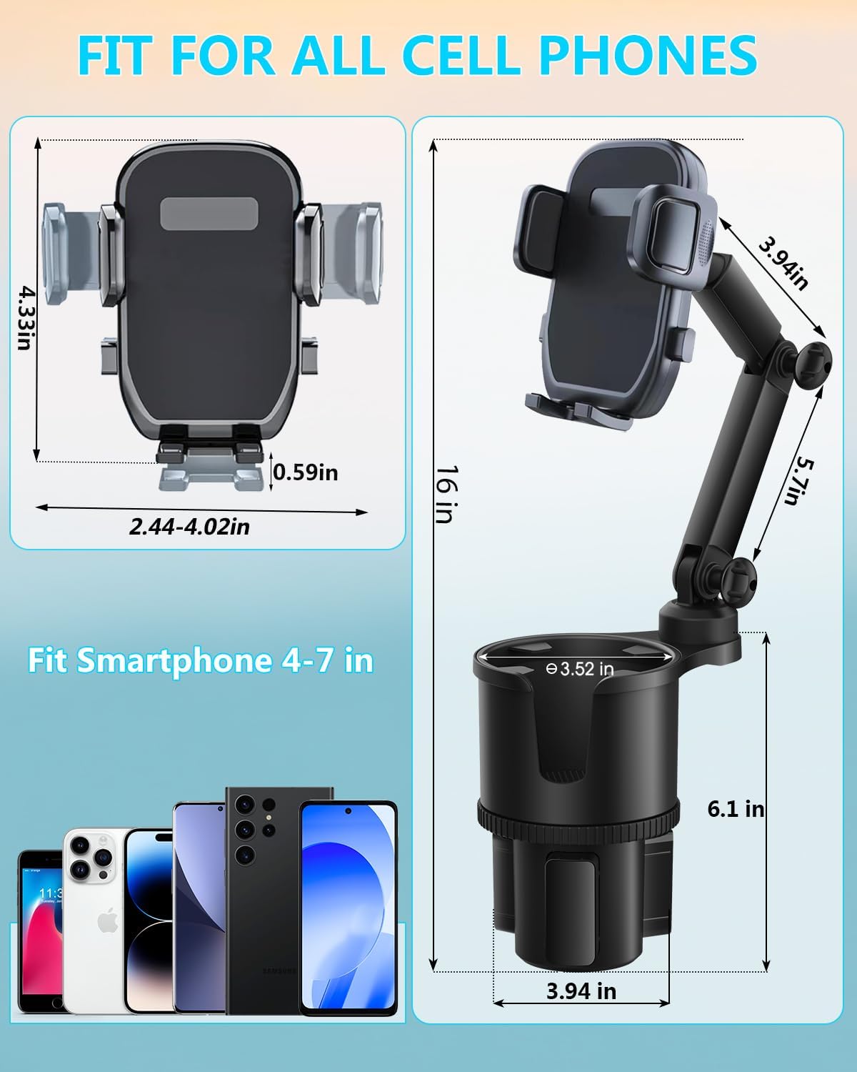2-in-1 Cup Phone Holder for Car, 360° Adjustable Car Phone Mount
