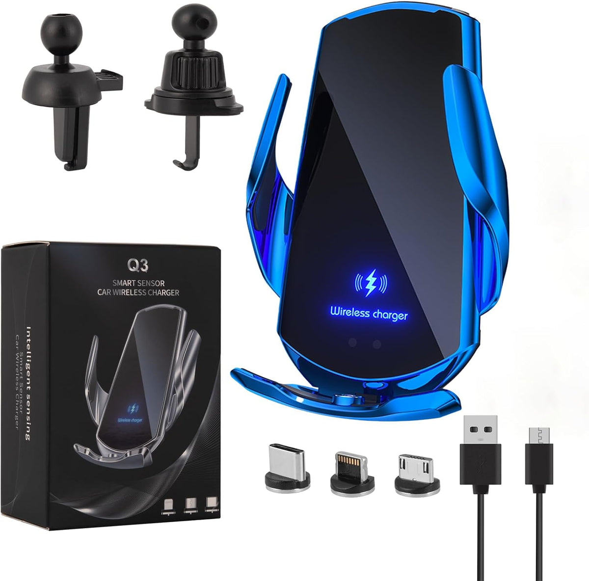Wireless Car Charger Phone Mount 15W Fast Charging Auto Clamping Car Charger Mount Phone Holder fit for Android Smartphone(Blue)