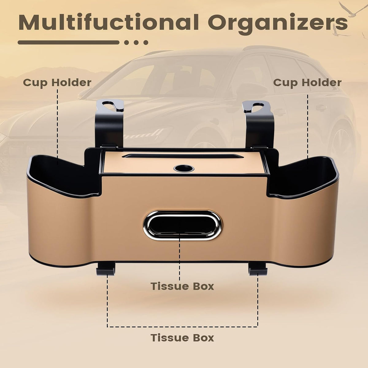 LemonRoad 2 Pack Car Seat Back Storage Box, Tissue 2 Cup Holders, Beige