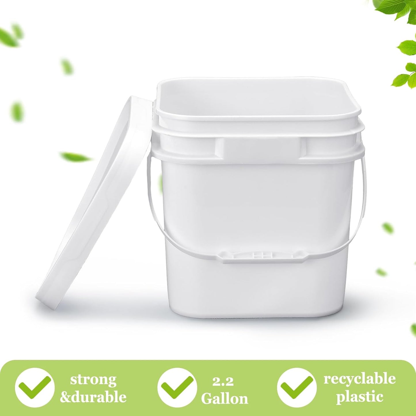 Suzile 2.2 Gallon White Food Grade Bucket with Lid Square Plastic Bucket 10L Utility Industrial Pail with Handle Container for Food Oil Tub Water Fishing Paint House Cleaning Car Washing