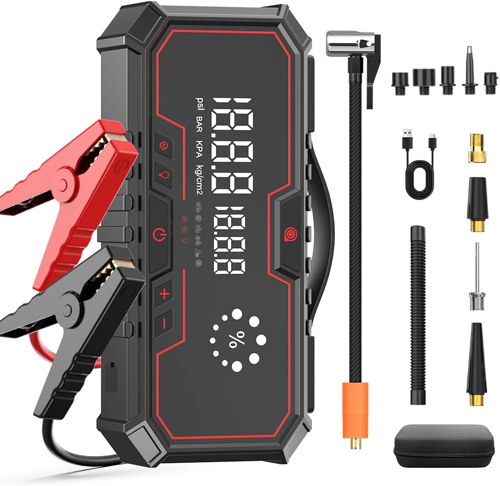 Jump Starter with air Compressor, 5000A Emergency Starter Jump Box (Gas 9L/Diesel 8L), Jumper Cable Jump Starter Portable with air Compressor 160PSI, car Roadside Emergency kit, SOS Light