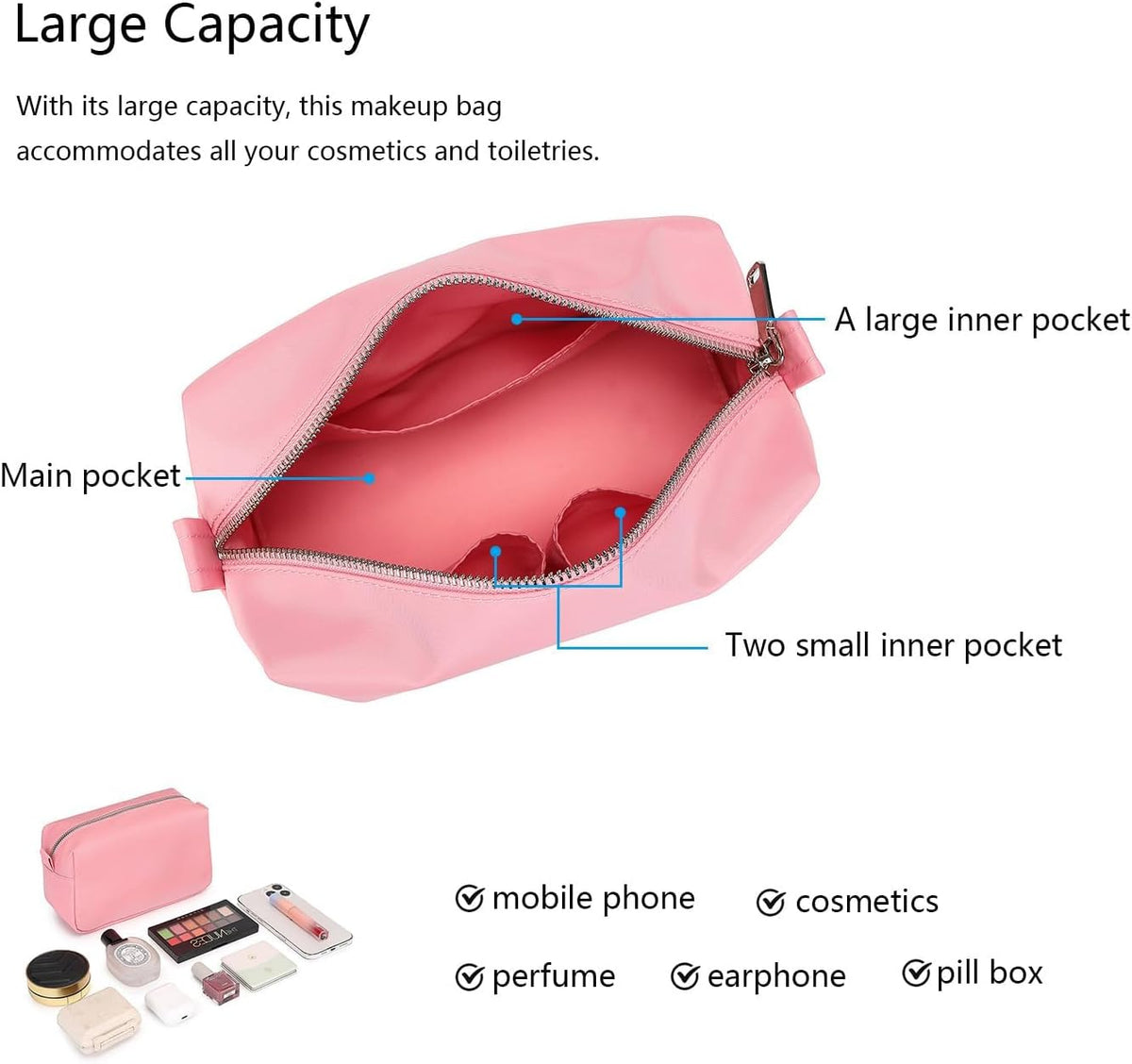 Travel Makeup Bag, Ring Clasp Wristlet Organizer (Pink)