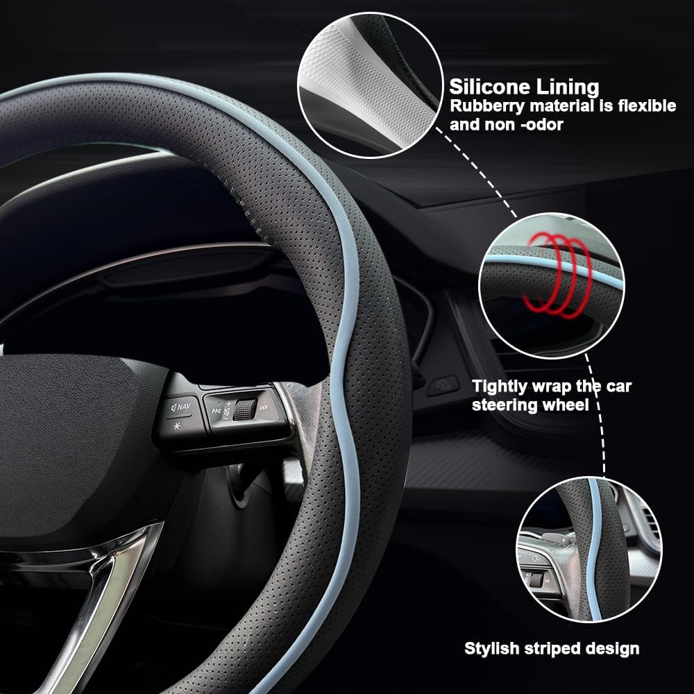 HAOTULE Leather Steering Wheel Cover， with Anti-Slip Stripe Design - Enhanced Grip, Fashion Style, Safe, Non-Slip, Breathable. Upgrade car Interior，Black Blue