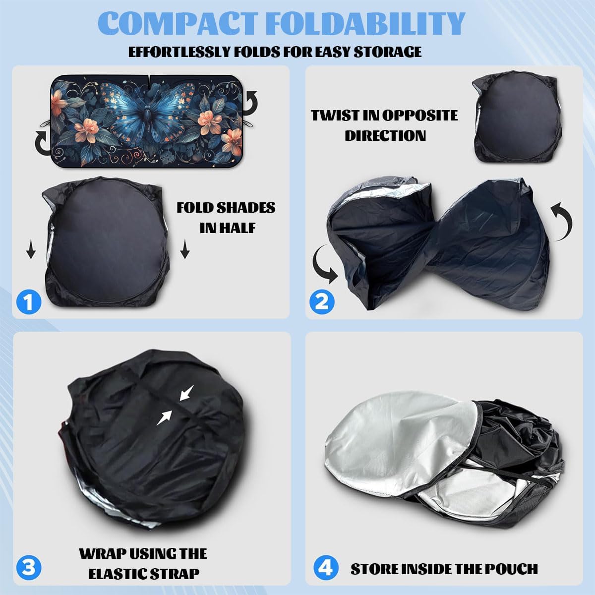 Blue Butterfly Car Windshield Sunshade Folding Retro Flowers Leaves Heatshield Front Window Car Sun Shade Windshield Block UV Rays Sun Shade Visor Protector for Car Sedan Truck SUV Accessories