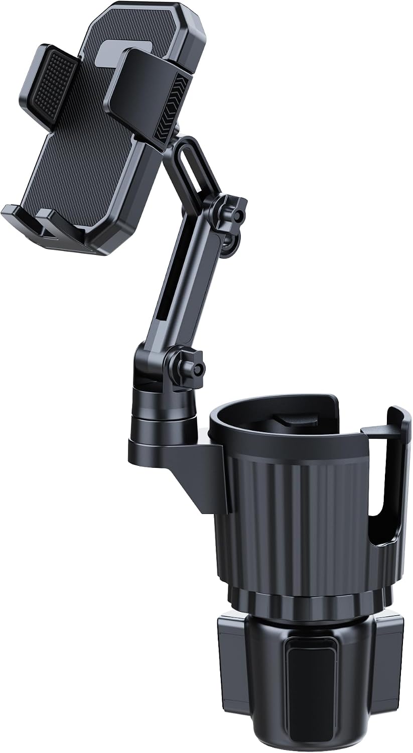 Cup Holder Phone Mount for Car, Upgraded 2 in 1 Car Phone Mount with Adjustable Long Gooseneck and Stretchable Cup Holder,Compatible with iPhone & Android & All Smartphones (Black)