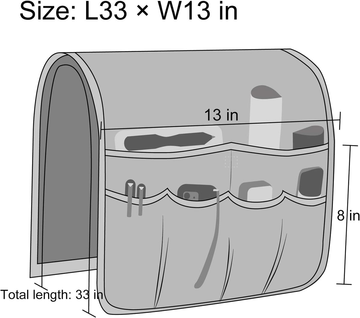 Sofa Armrest Organizer, Remote Control Holder for Recliner Couch, Arm Chair Caddy with 6 Pockets for Magazine, Tablet, Phone, iPad (Silver Gray, W13'' x L33'')