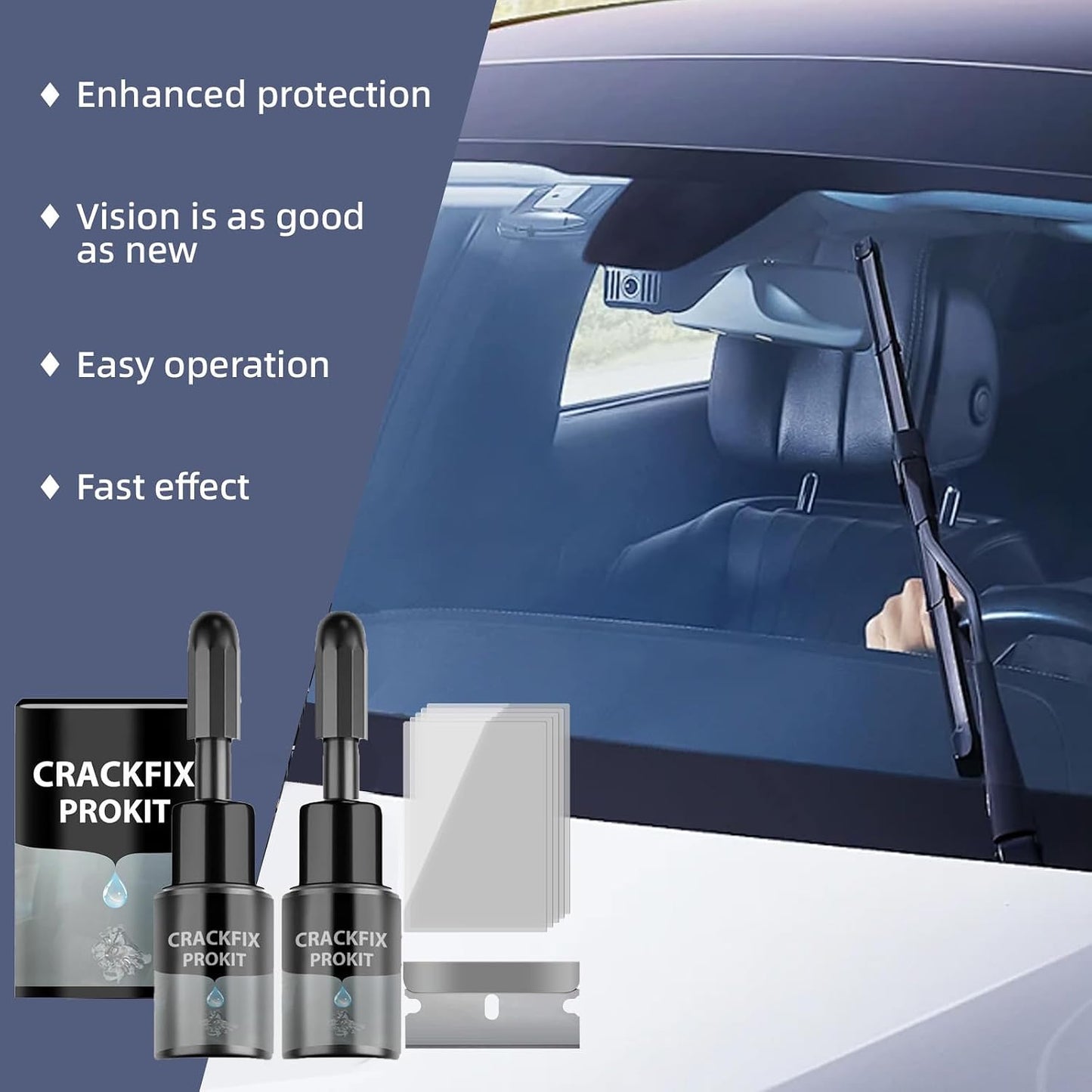 2PCS Crack Fix Pro Kit Windshield Repair Car for Auto Glass, Side Windows | Windshield Crack Repair Fluid Kit for Chips, Stars, Bulls-Eyes & Spiderweb Cracks
