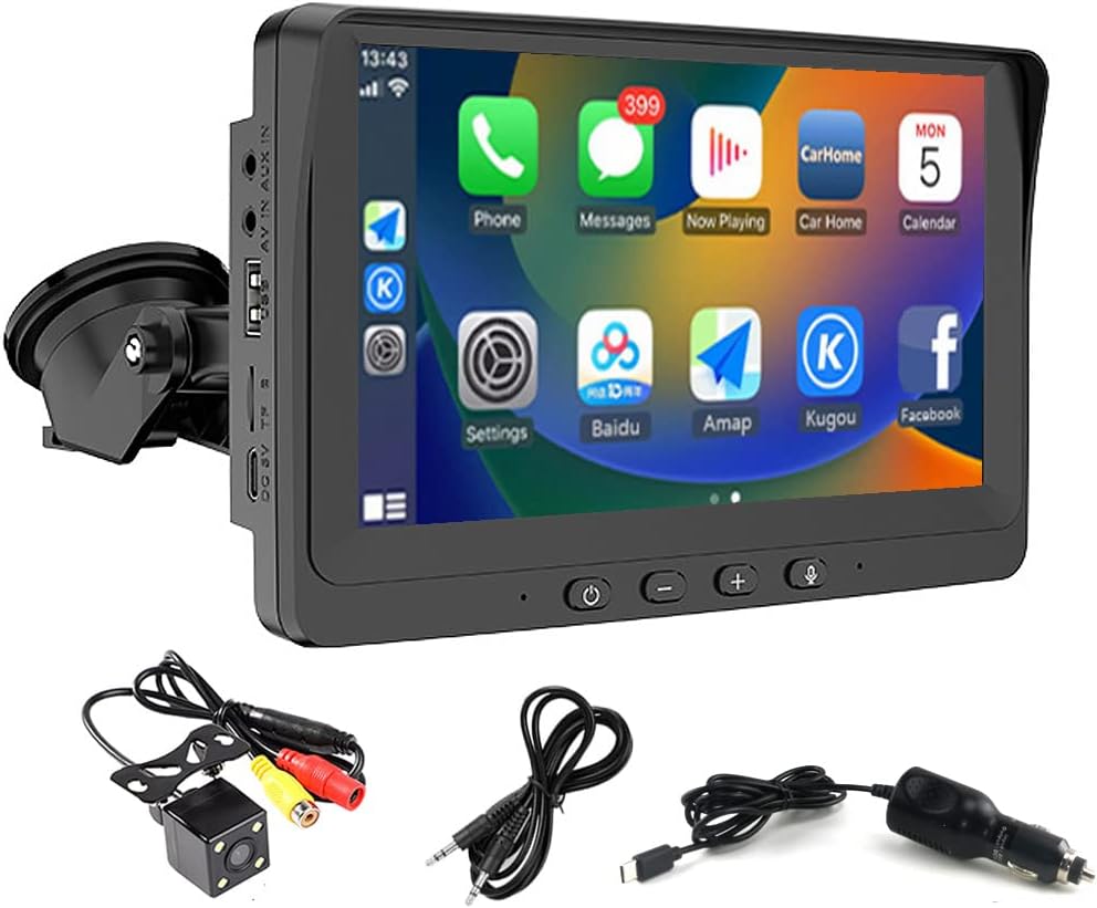 Eaglerich Car Stereo Receiver Wireless Carplay & Android Auto Portable Screen 7-inch 2.5D IPS Touchscreen Bluetooth Mirror Link FM Transmitter Built-in Speaker TF USB AUX+4LED Camera