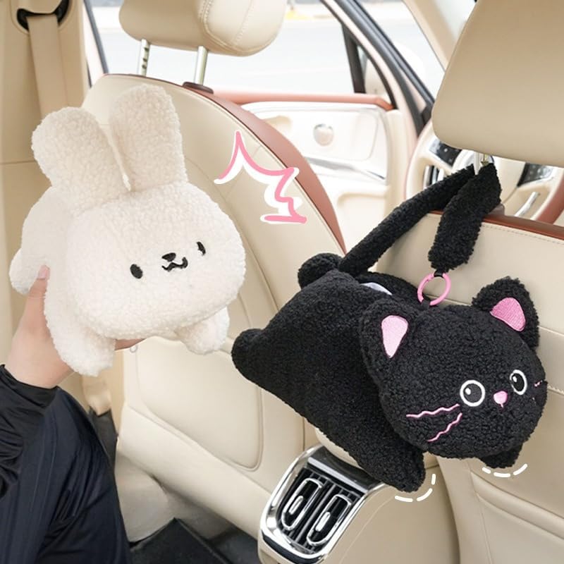 Plush Rabbit Car Tissue Holder Hanging Bunny Napkin Dispenser, Cat