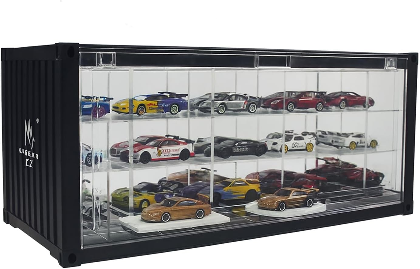1/64 Scale Display Case with LED Light–Container Box Style Garage Diorama | Compatible with Hot Wheels Matchbox Mini GT Diecast Cars and Storage Stackable, for Model Car and Figures Display
