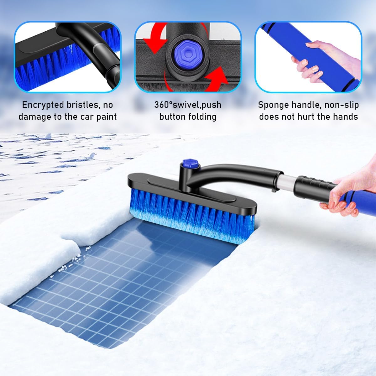 Ohleats 31.5" Ice Scraper and Extendable Snow Brush, 360° Pivoting Snow Brush Head with Foam Grip, Detachable Ice Scraper with Soft Bristle Head for Car Truck SUV Window Windshield (Blue)