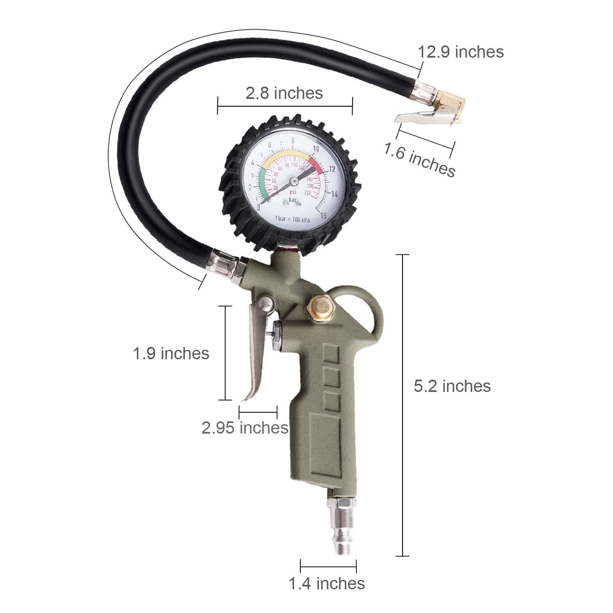 Tire Inflator with Pressure Gauge, 0-220PSI Dial Wheel Air Tire Pressure Gauge, Heavy Duty Rubber Hose with Quick Coupler, Air Compressor Tire Inflator Attachment for Cars Motorcycle Bike