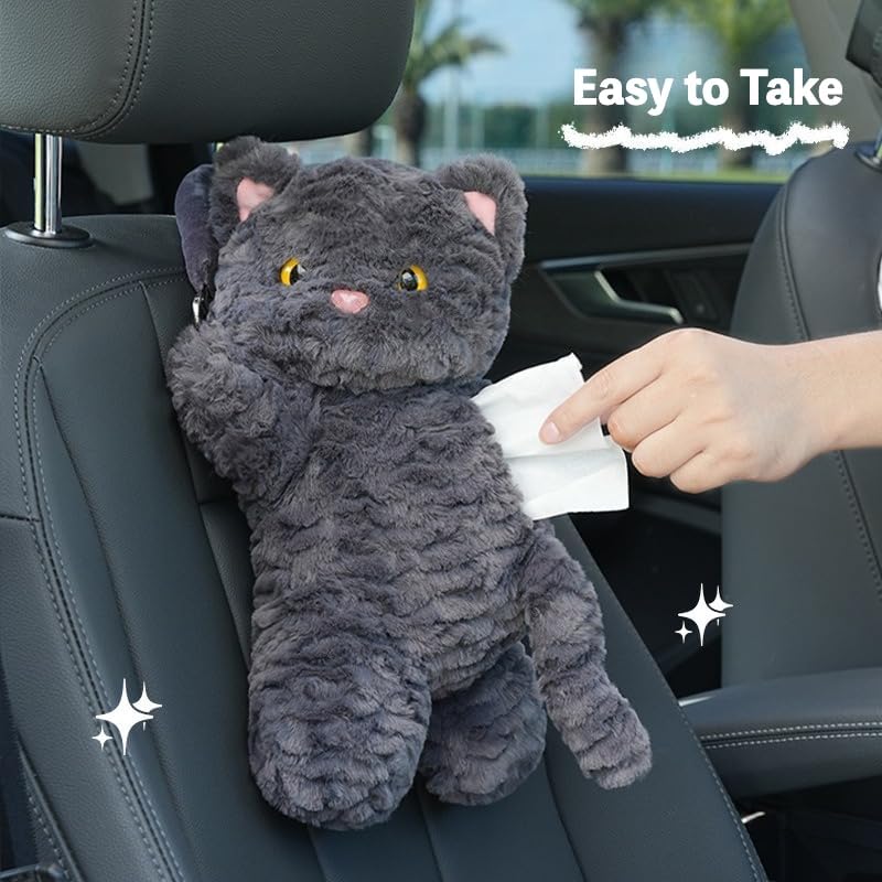 Plush Cat Car Tissue Holder Backseat Hanging Organizer, Black