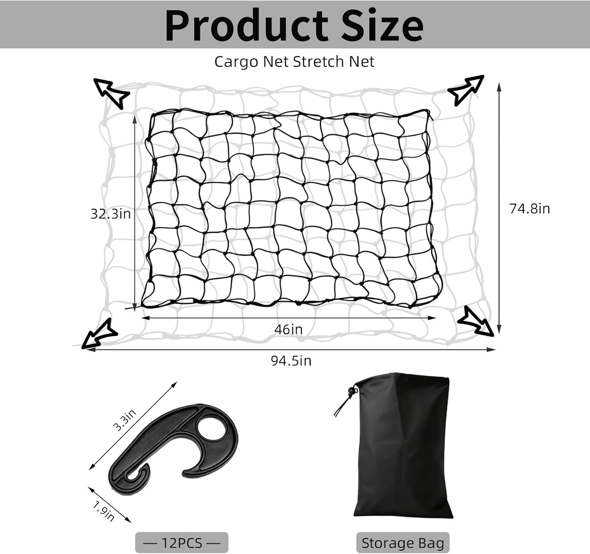 Cargo Net for Roof Rack, 46"×32" Stretches to 95"×75" Cargo Storage Net with 12 Plastic Hooks, Heavy-Duty Bungee Netting Mesh Organizer for Car Boat SUV Van Trailer