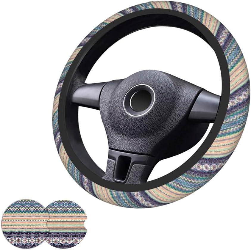 Boho Steering Wheel Cover for Women with 2pcs Car Coasters 15 Inch Universal Non-Slip Car Accessories Compatible with Cars Trucks SUVs