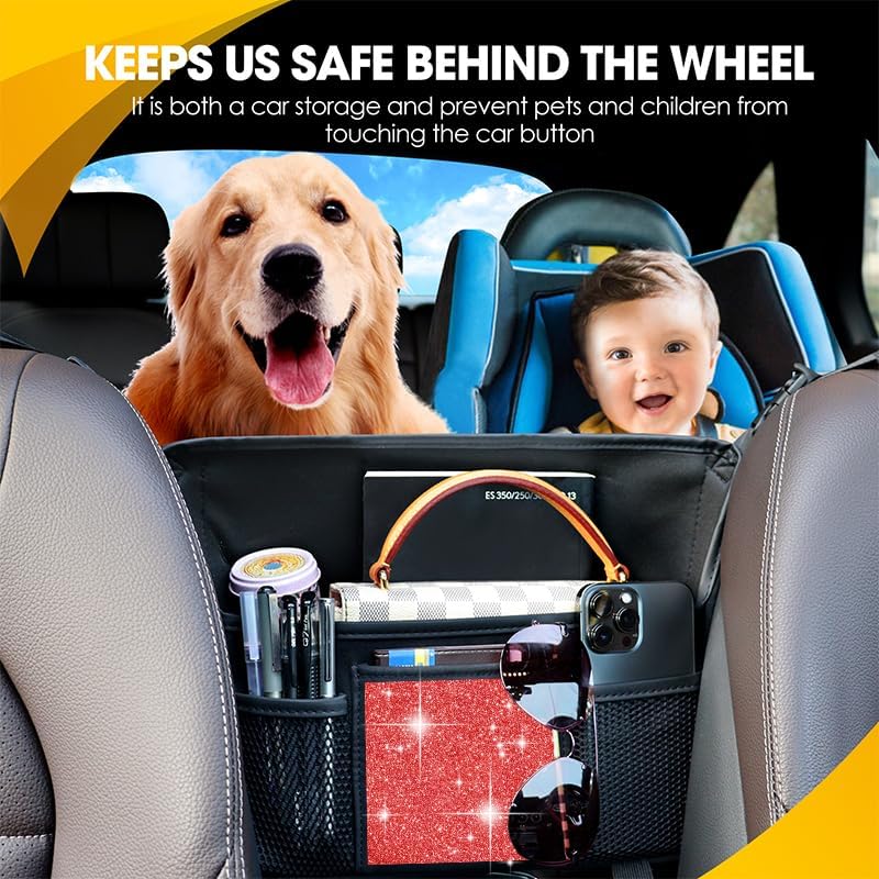 Red Diamond Car Handbag Holder Between Seats Bling Rhinestone Car Storage Bag Large Capacity Purse Phone Automotive Consoles Organizer Safe Barrier of Backseat Pet Kids