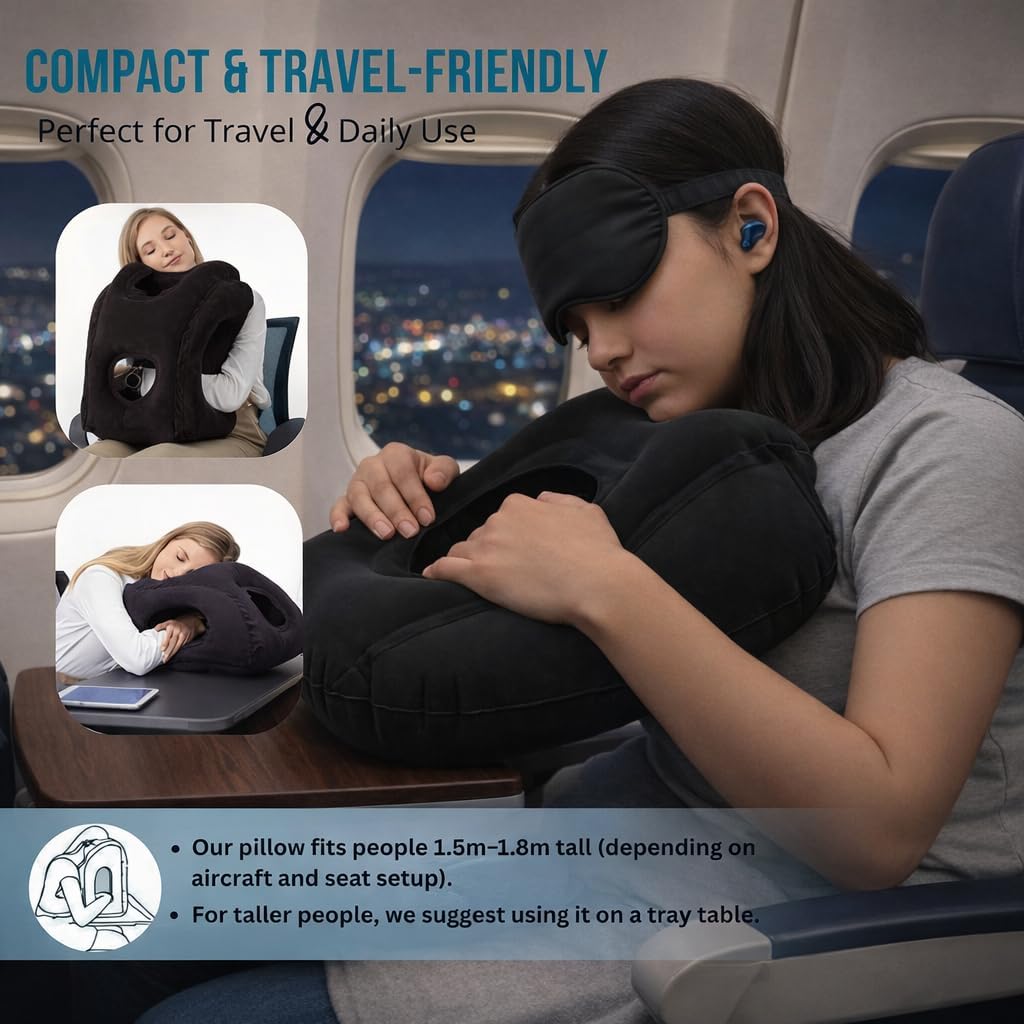 Inflatable Travel Pillows for Airplane-Multi Purpose Blow up Travel Pillow to Prevent Neck,Head,Chin & Shoulder Pain for Travelling Car/Airplane/Office Nap,Home with Eye Mask and Earplugs-Black