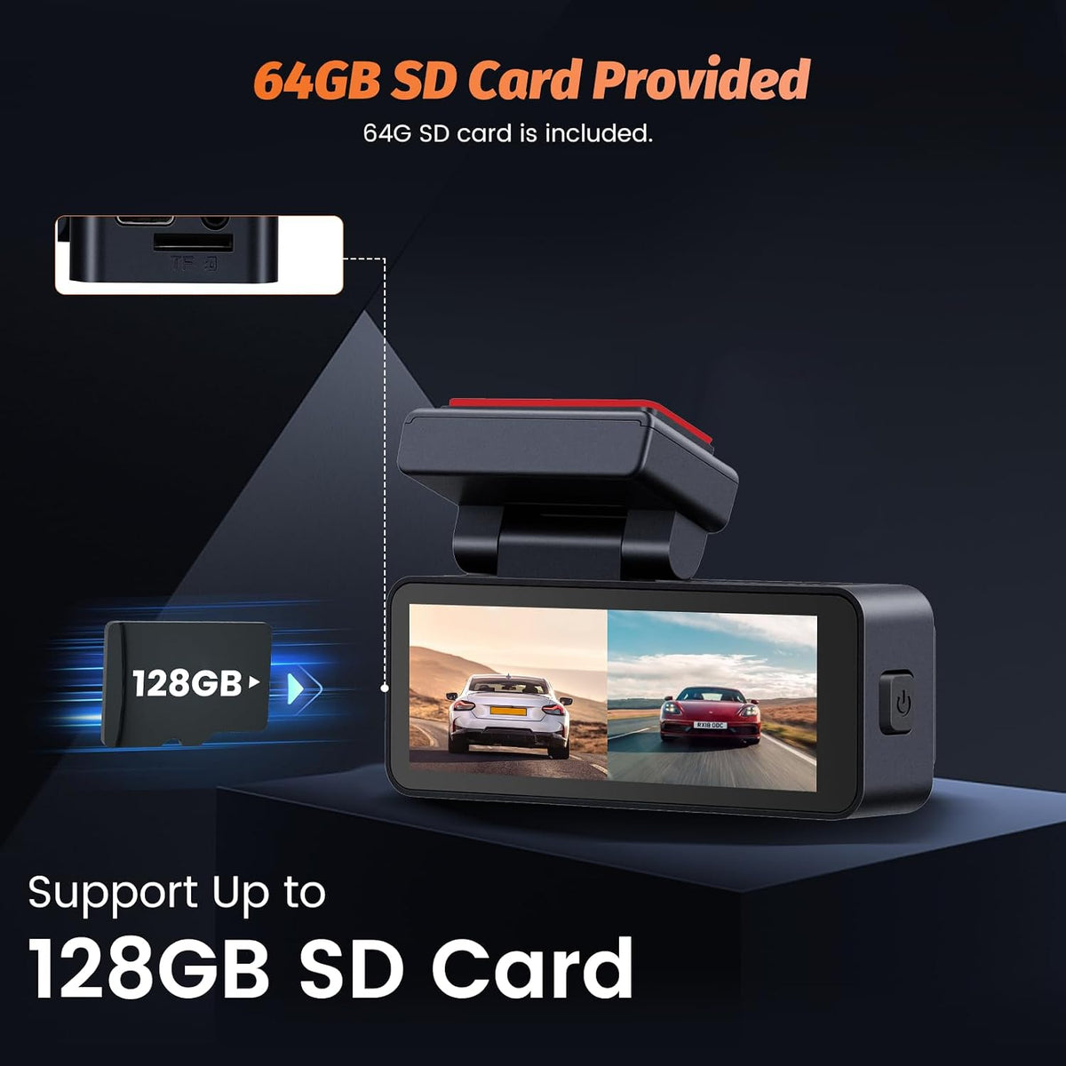 3.16" 4K Dual Dash Cam, Front 4K+Rear 1080P