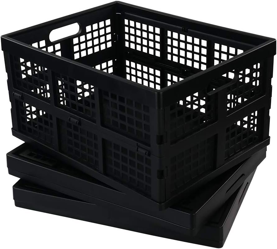 Morcte 34 L Plastic Rectangular Collapsible Crates, Pack for 3, Black | Folding Crates Storage, Space Saving, Stackable, Sturdy Build, Ideal For Groceries, Tools & Household Items