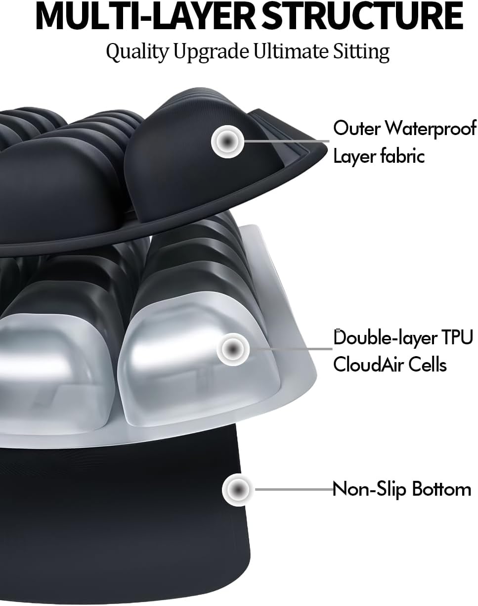 Soundur Travel Cushion Airplane Seat,Inflatable Air Bubble Design with Storage Bag for Car/Office/Kitchen Chairs.42 Air Cells, Adjustable Firmness, Non-Slip Bottom