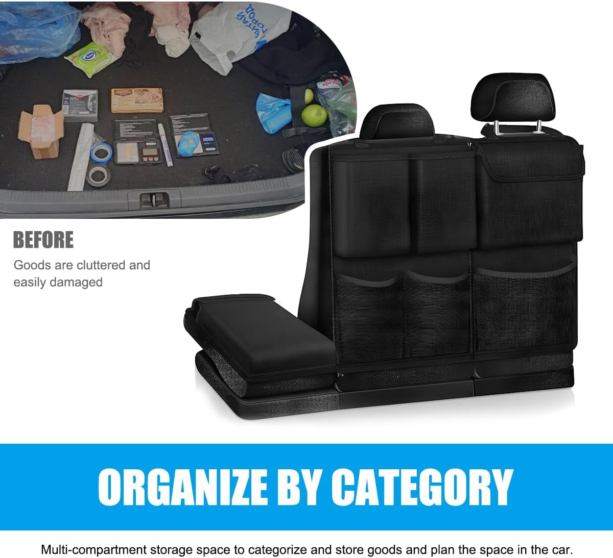 Hanging Car Trunk Organizer, Detachable Seat Back Storage Bag with Lids & 7 Large Pockets, Waterproof Space Saving Cargo Hanging Storage Container for Cars SUVs Vans (Black)