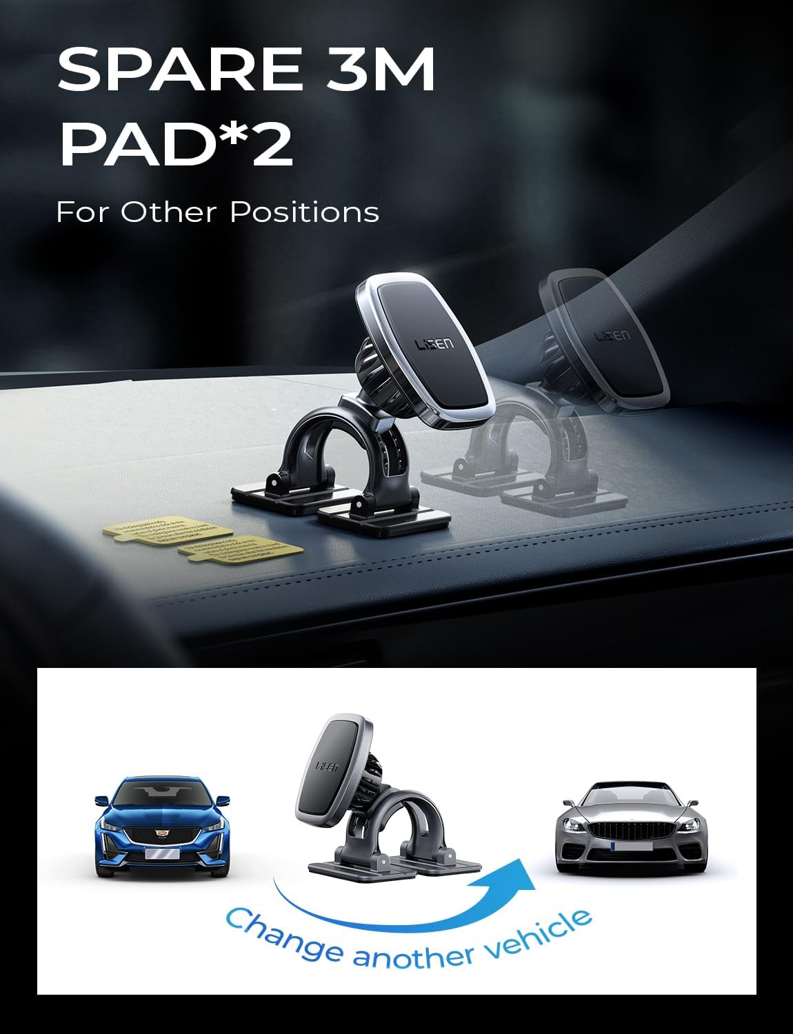 LISEN Magnetic Car Phone Mount for iPhone and Android with 6 Magnets and Adjustable Arch Design, Black