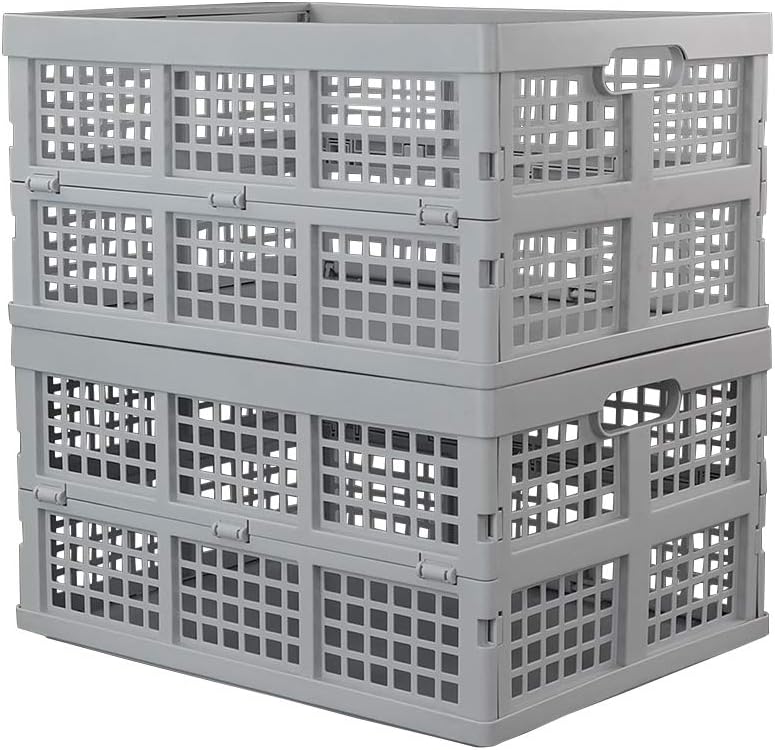 Hespama 2 Pack 35 Quart Plastic Folding Collapsible Milk Crate Basket, Grey