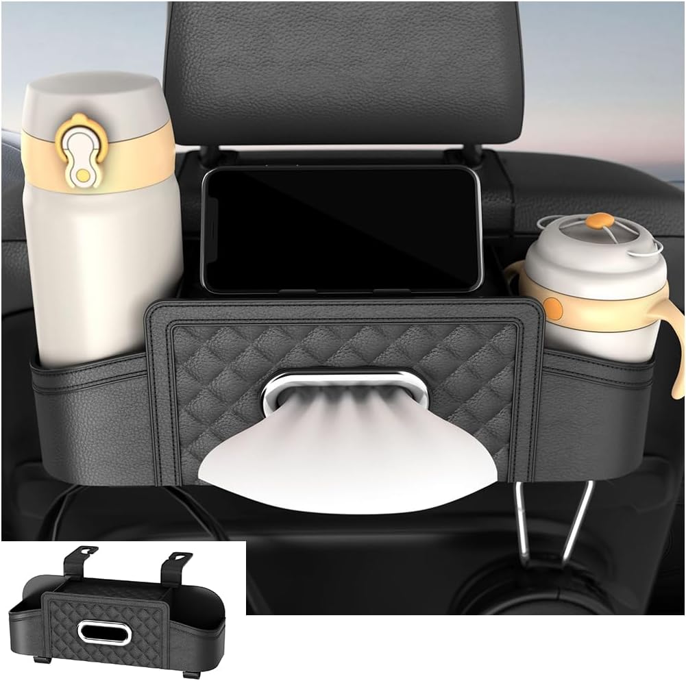 Mandark Headrest-Mounted Backseat Organizer with Cup Holders, Black
