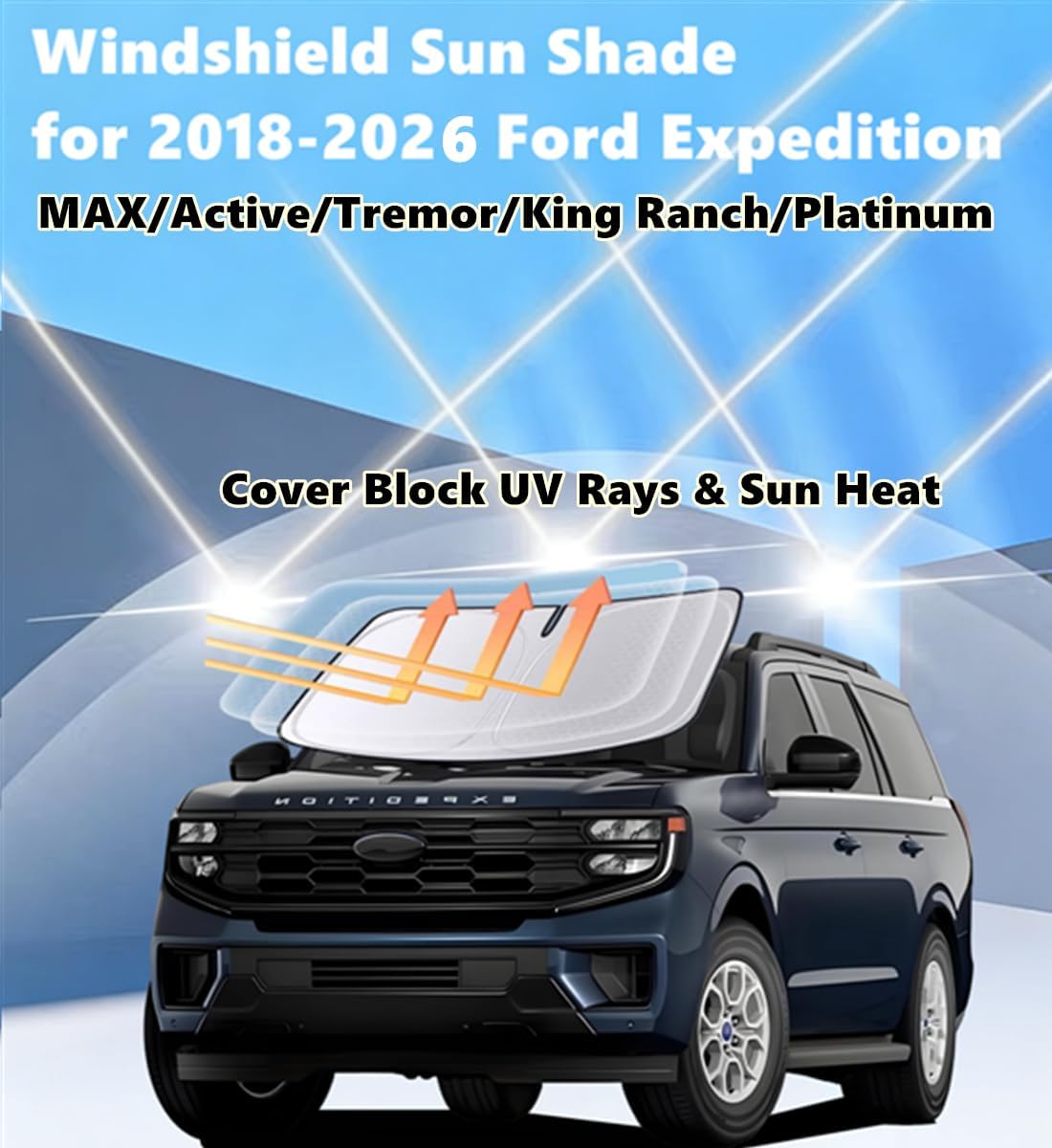 Windshield Sun Shade for 2018-2026 Ford Expedition Foldable Car Front Window Sunshade Accessories 4-Layer 240 T Sun Visor Protector Reflective Cover Block UV Rays & Sun Heat