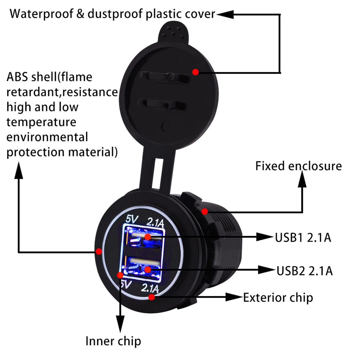 12V USB Outlet, Dual 2.1A Quick Charger Socket Waterproof for Car Boat