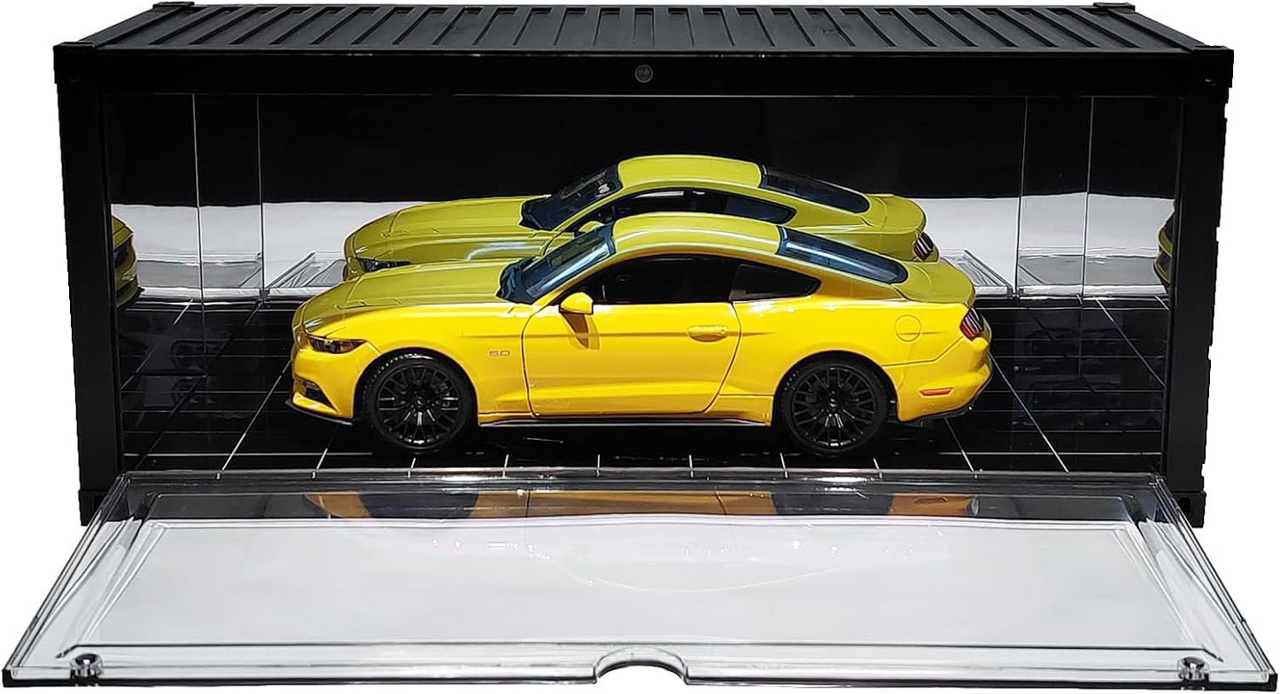 Display Case with LED Light for 1/18 Scale Model Car | Shipping Container Style Garage Diorama Show Case - Modern Mirror Reflective Interior, Grid Floor Showroom Design, Stackable