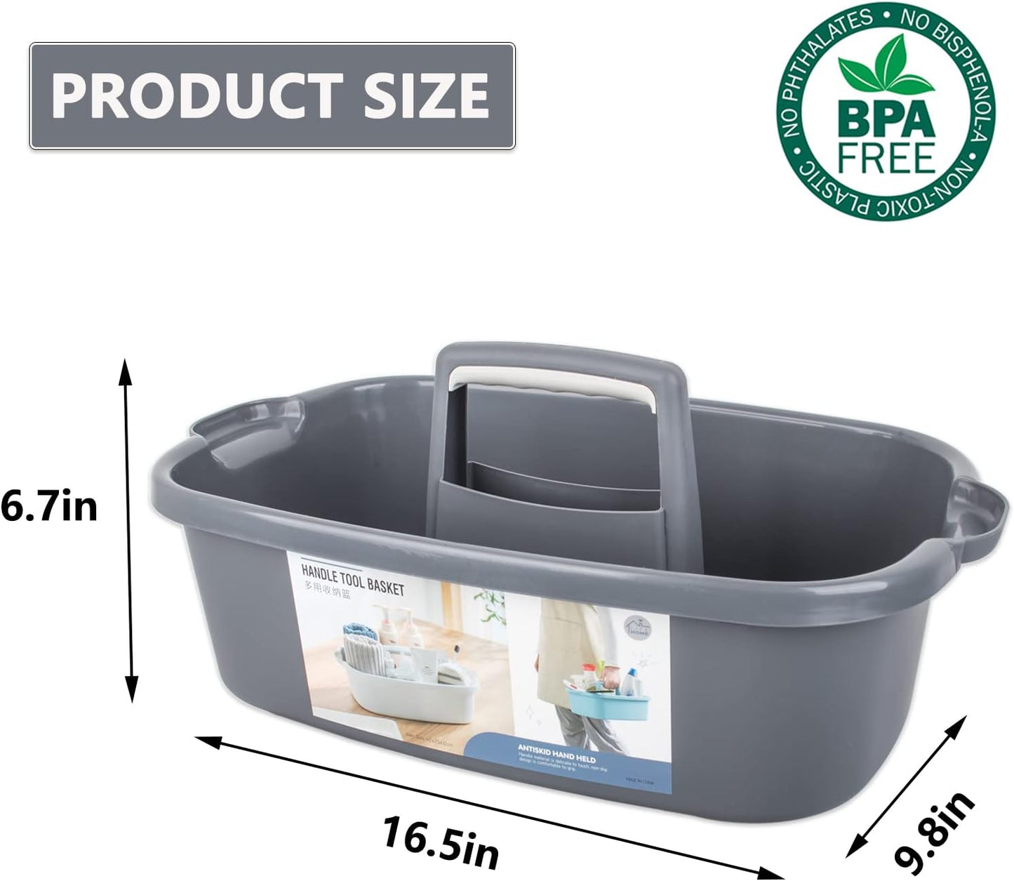 Large Cleaning Supplies Caddy Portable Shower Basket Supply Organizer with Handle Plastic Bucket Tool Storage for Bathroom, Bedroom, Kitchen, College Dorm, Garden, Dark Gray