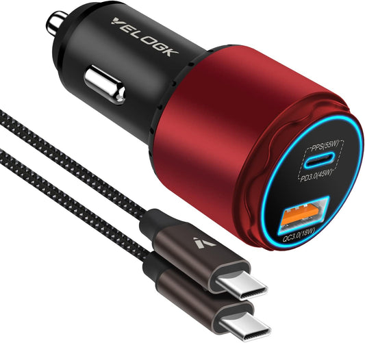 VELOGK Super Fast Type C Car Charger [63W Turbo], Fast Adaptive 45W PPS/PD&QC3.0 USB C Car Adapter[Super Fast Charging 2.0] for Samsung S26/S25 Ultra/S24 Ultra/S23 Ultra/S22+/S21/S20, iPad Pro(Red)