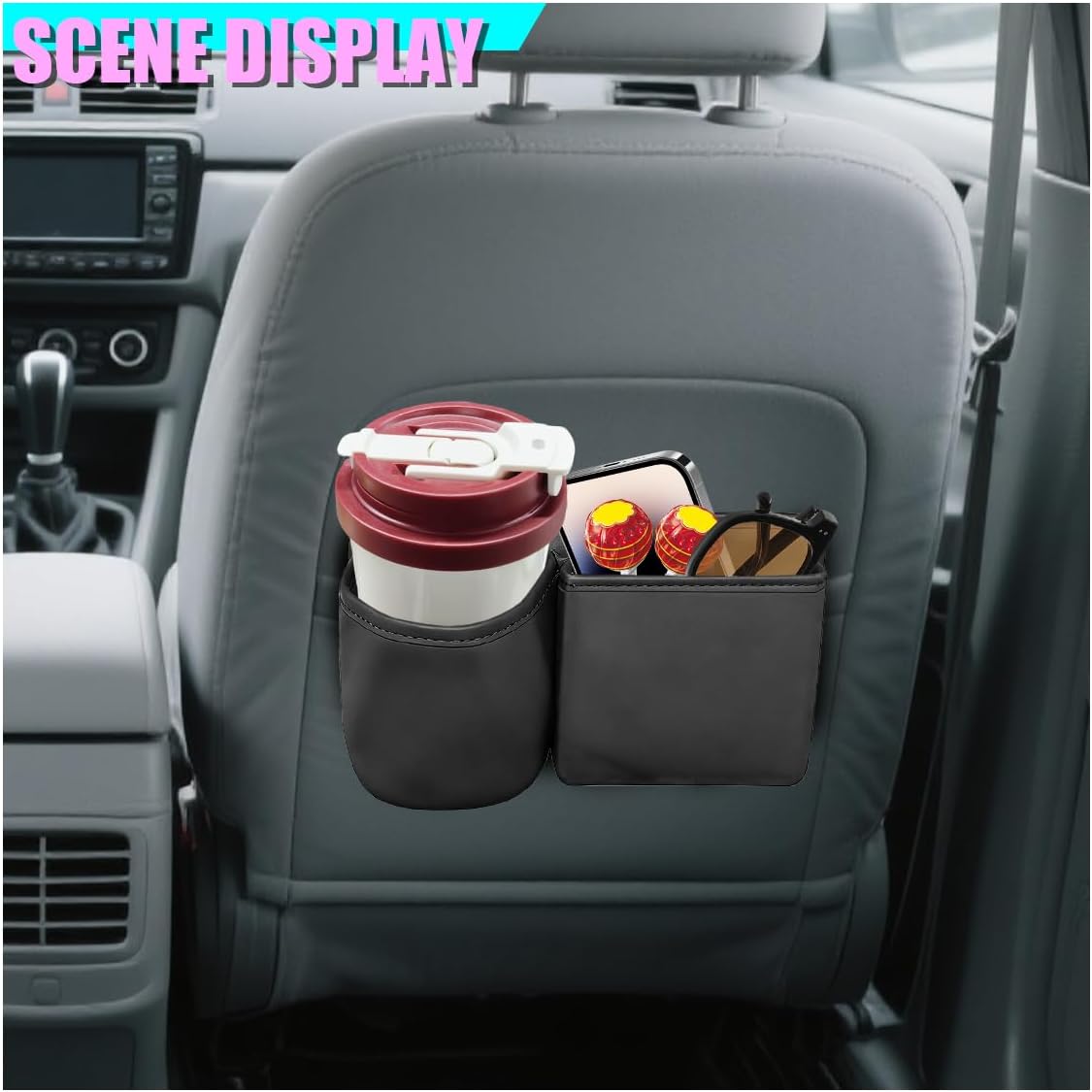 Car Side Door Organizer, Leather Auto Back Seat Storage Pouch with Cup Holder, Car Console Side Trash Can, Universal Vehicle Interior Organizer Pocket for Phone, Coin, Sunglasses (Black)